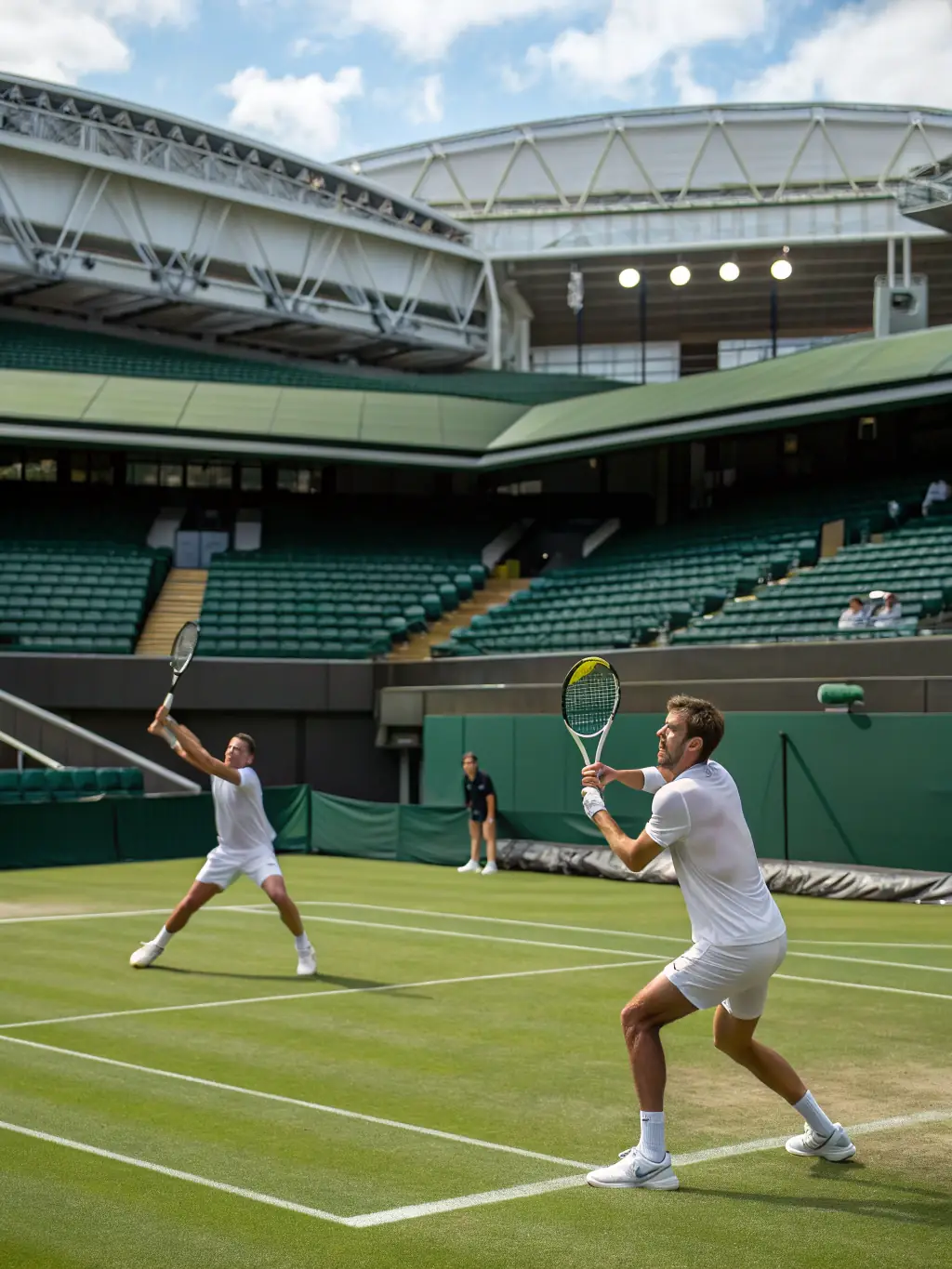 An action shot of adults engaged in a competitive tennis match during a club tournament, demonstrating the intensity and camaraderie of the event.