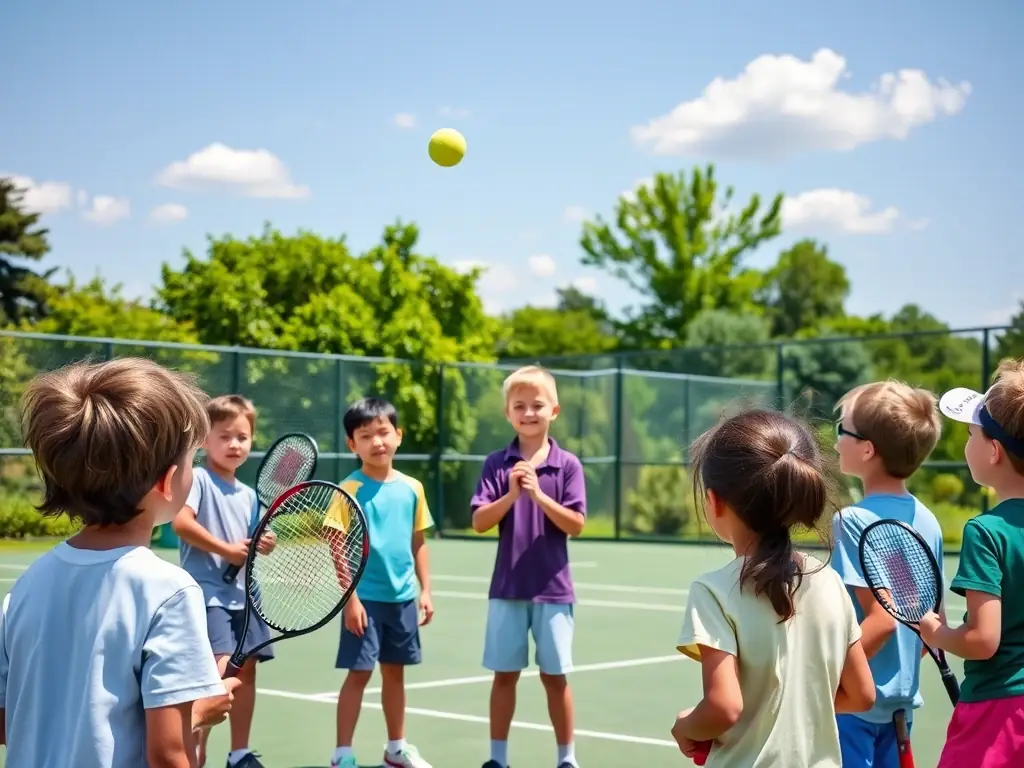 A vibrant image of children participating in a beginner tennis clinic at TCF TENNIS CLUB DE FRENOUVILLE, showcasing the fun and engaging atmosphere of the program.