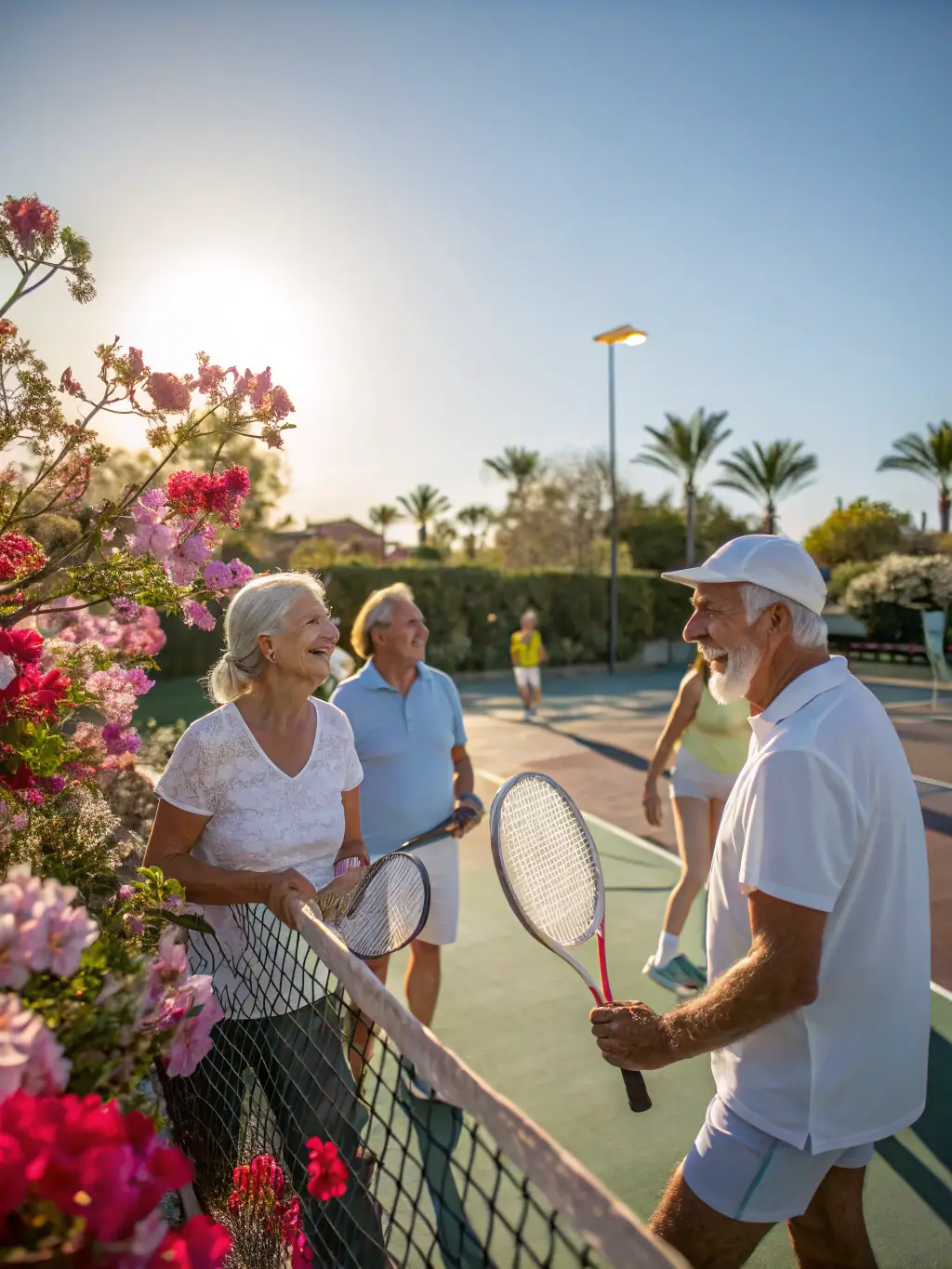 A serene image of a group of seniors participating in a gentle tennis exercise program, emphasizing the health and social benefits for older adults.