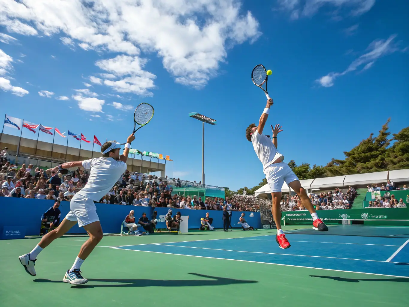 An action shot of adults participating in a competitive tennis match at TCF TENNIS CLUB DE FRENOUVILLE, highlighting the intensity and camaraderie of the adult programs.