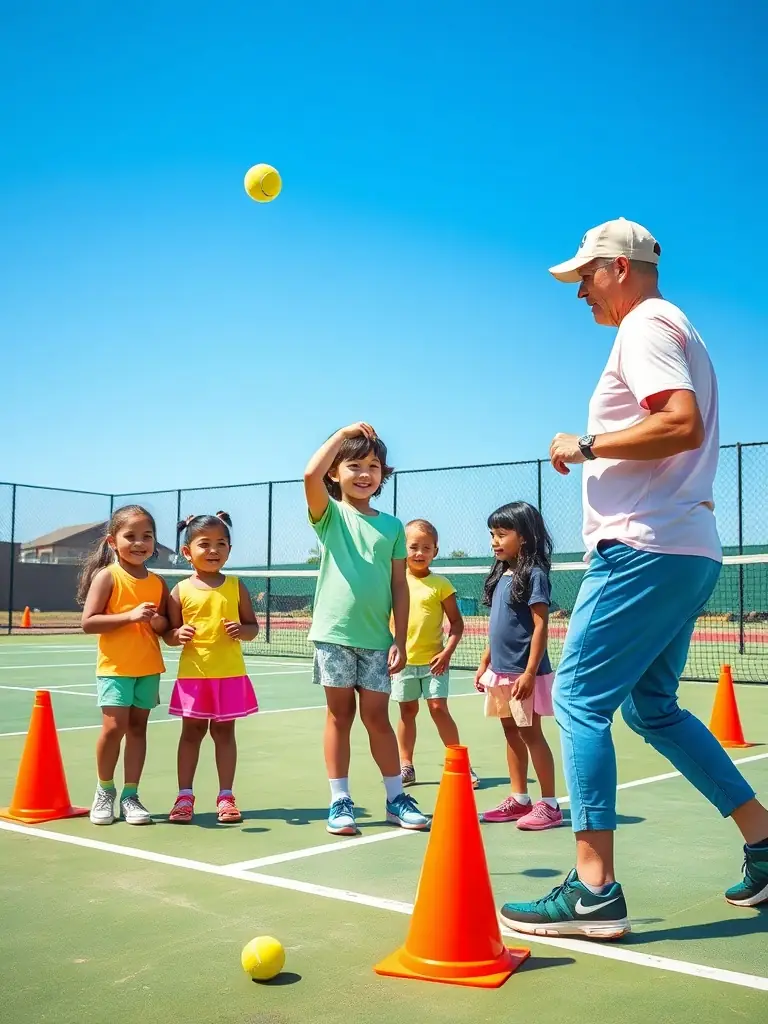 A dynamic image of children participating in a junior tennis clinic, showcasing their enthusiasm and skill development on the court.